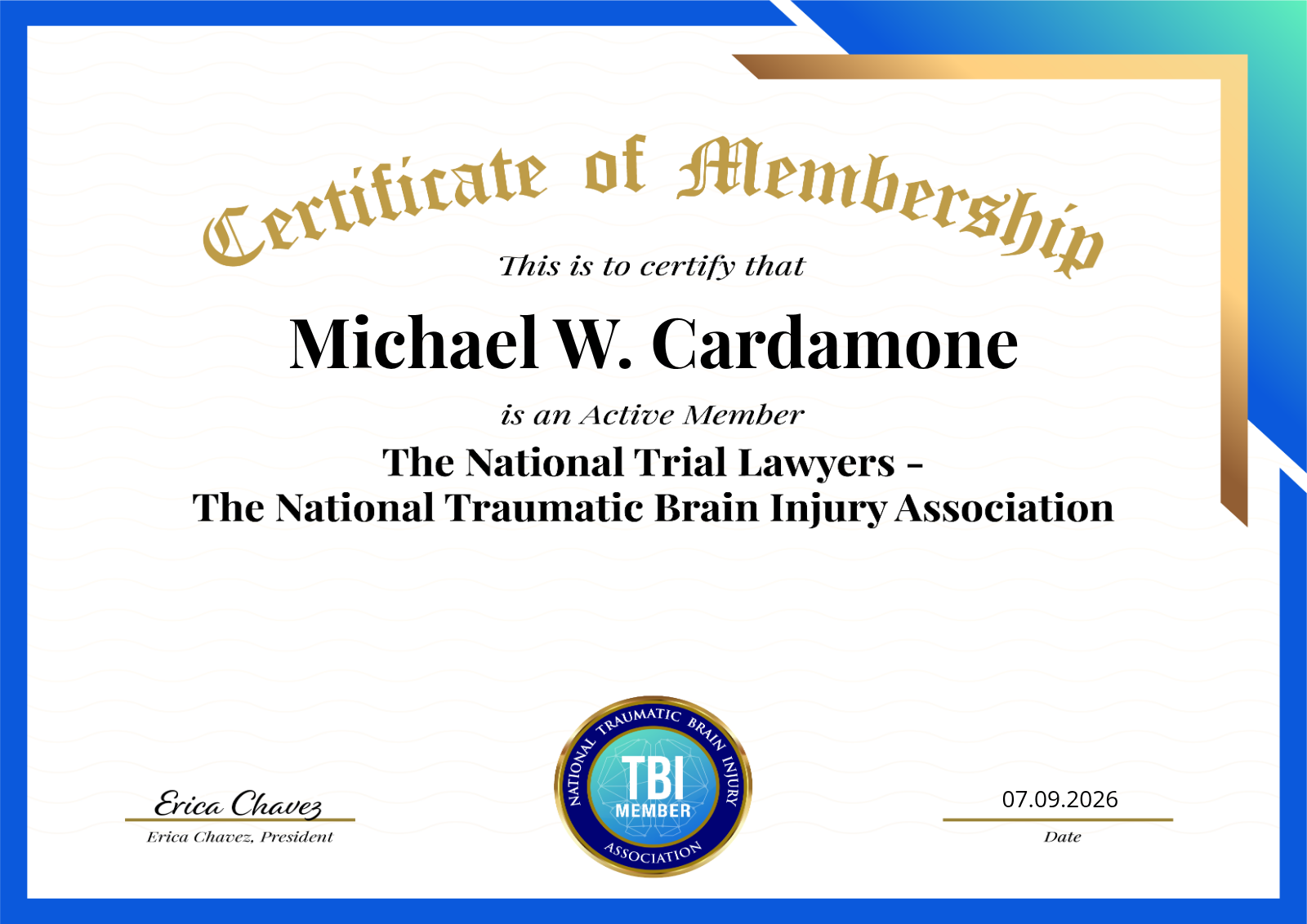 Certificado de Membresía – Michael W. Cardamone, The National Trial Lawyers National Traumatic Brain Injury Association